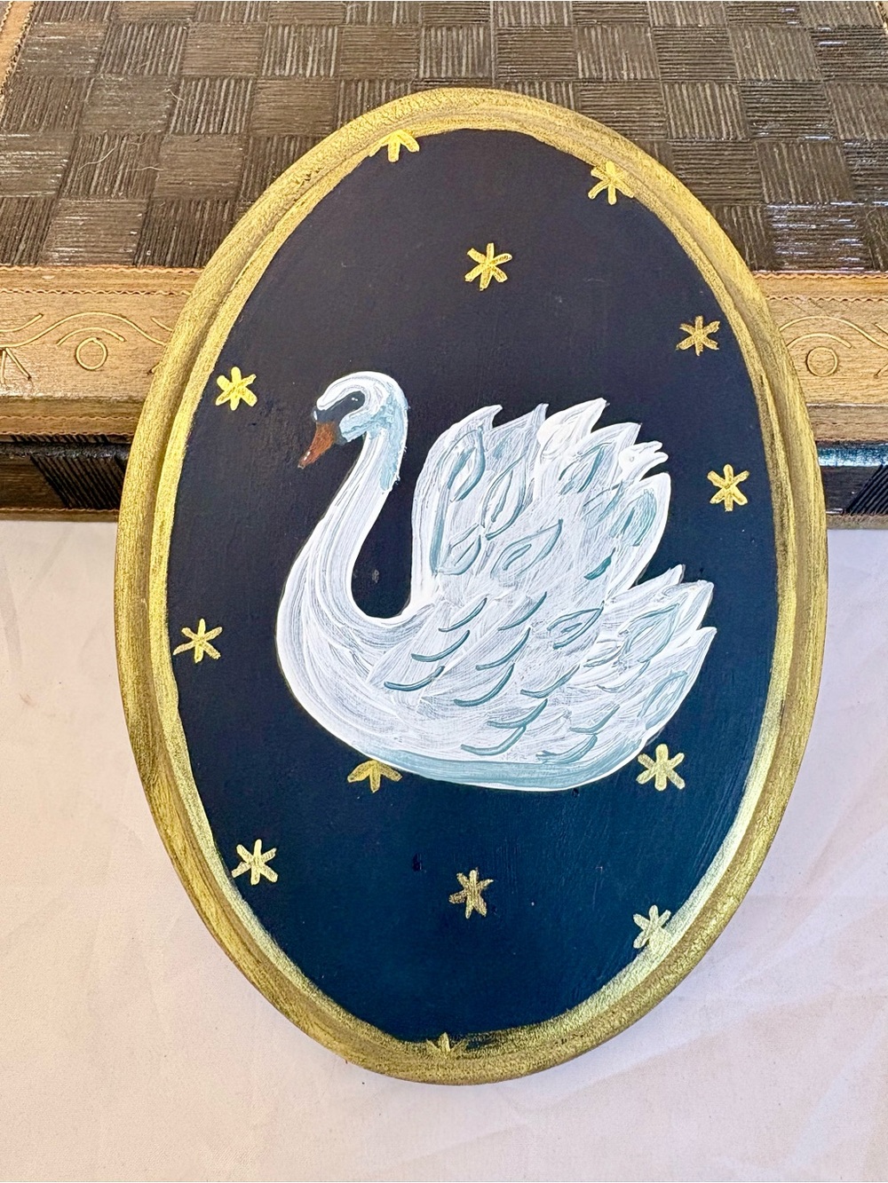Hand-Painted White Swan Oval Wall Art Plaque with Gold Trim